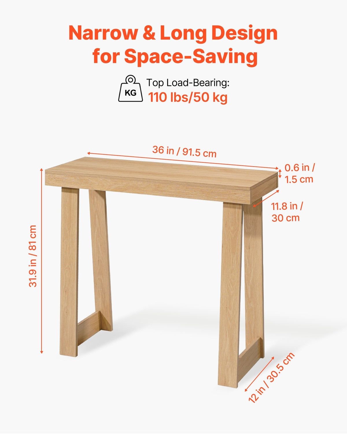 91.5 cm Console Table, Modern Desk Behind the Couch, Wooden Rectangle Entrance Desk, Narrow Long Sofa Table Accent Stand, Ideal for Hallway, Bedroom, Living Room, Foyer, Easy Assembly, Burlywood