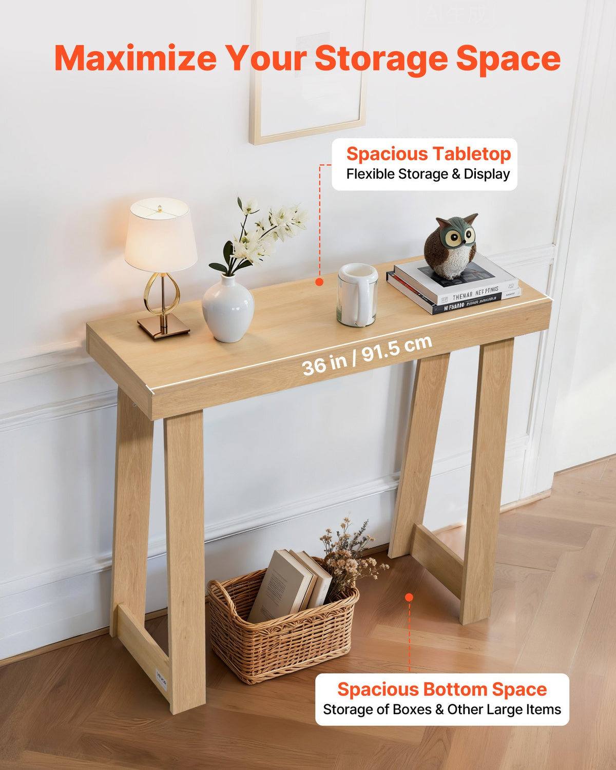 91.5 cm Console Table, Modern Desk Behind the Couch, Wooden Rectangle Entrance Desk, Narrow Long Sofa Table Accent Stand, Ideal for Hallway, Bedroom, Living Room, Foyer, Easy Assembly, Burlywood