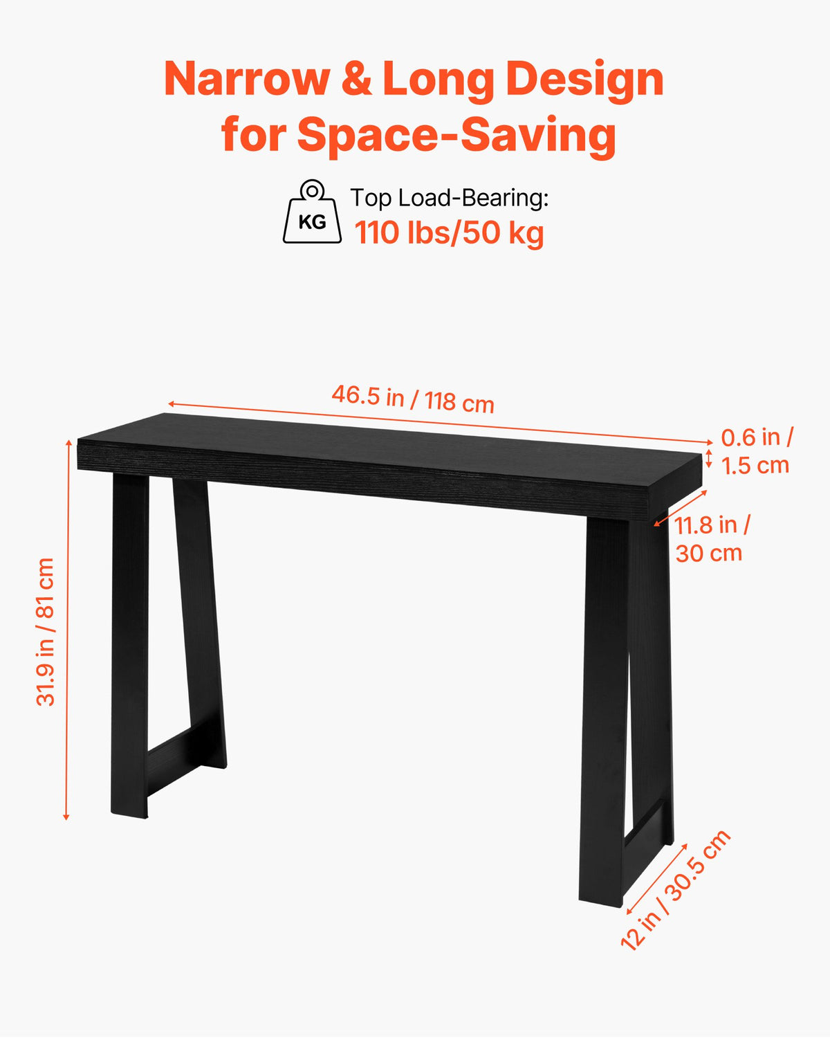 118 cm Console Table, Modern Desk Behind the Couch, Wooden Rectangle Entrance Desk, Narrow Long Sofa Table Accent Stand for Hallway, Bedroom, Living Room, Foyer, Easy Assembly, Black