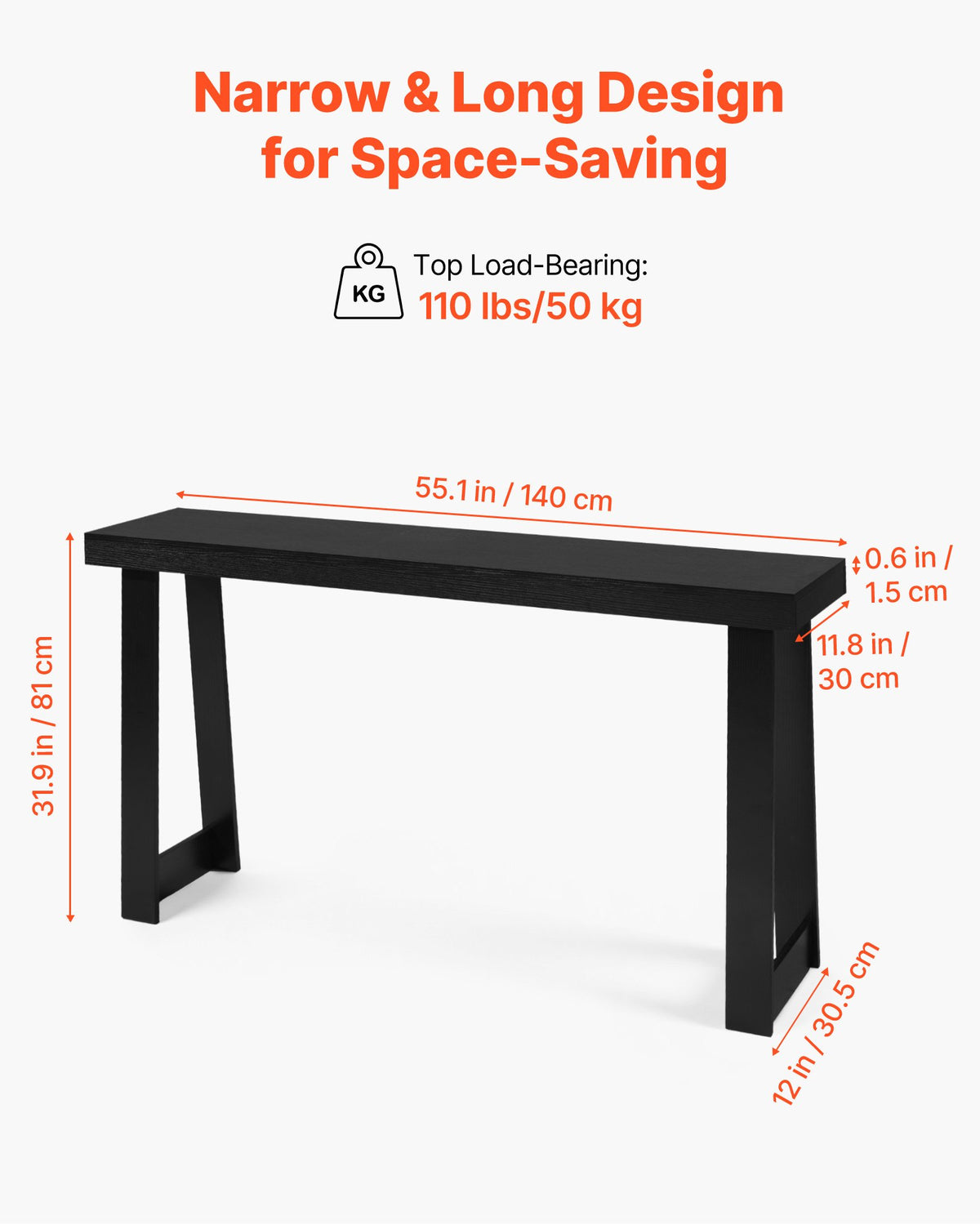 140 cm Console Table, Modern Desk Behind the Couch, Wooden Rectangle Entrance Desk, Narrow Long Sofa Table Accent Stand, Ideal for Hallway, Bedroom, Living Room, Foyer, Easy Assembly, Black