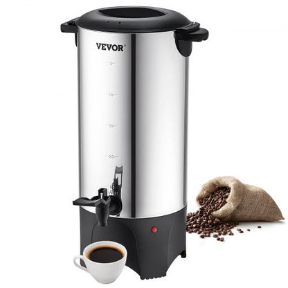 Kommersiell kaffeurna, 50 koppar rostfritt stål stor kaffedispenser, 1000W 220V elektrisk kaffebryggare för snabb bryggning, varmvattenurna med avtagbar nätsladd för enkel rengöring, silver