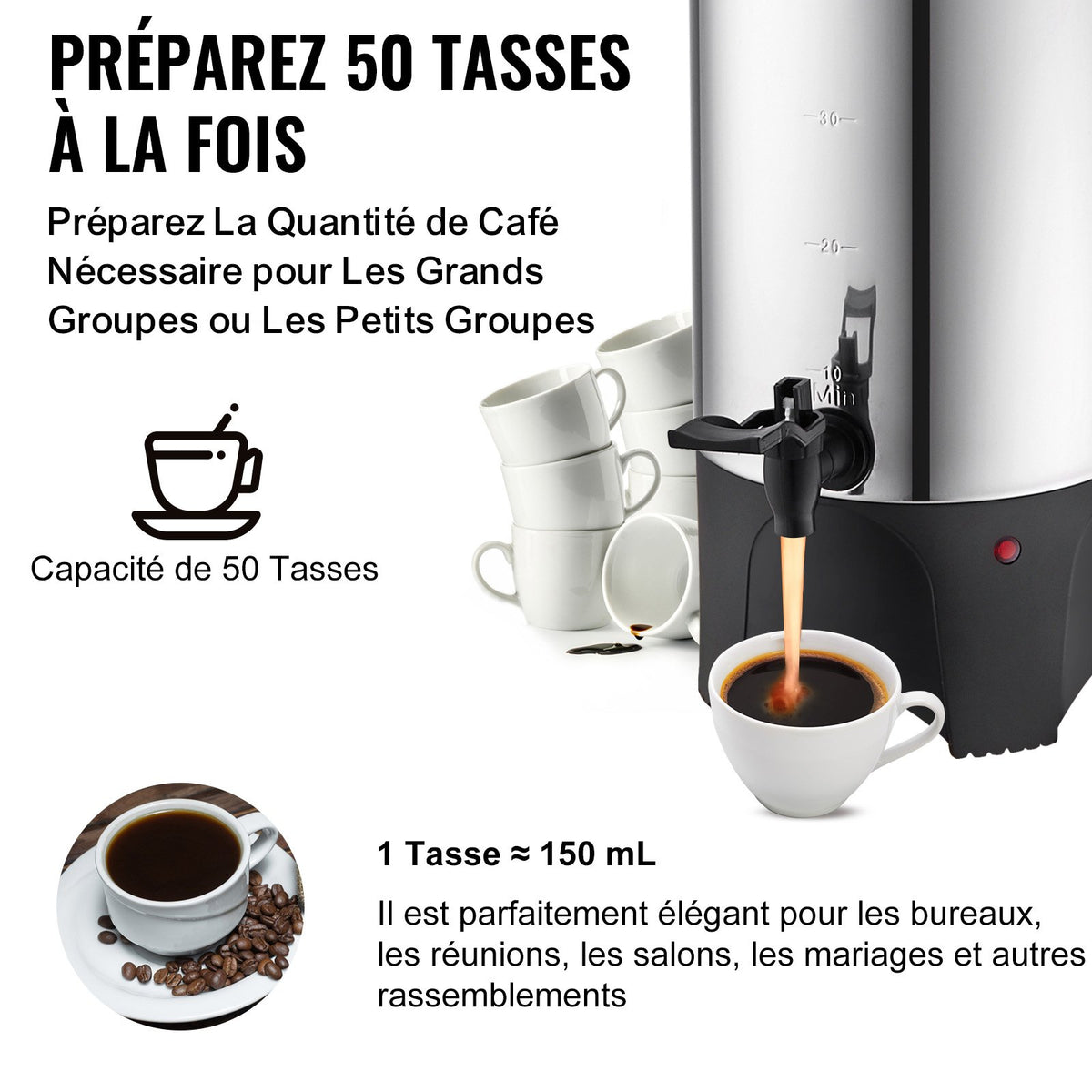 Kommersiell kaffeurna, 50 koppar rostfritt stål stor kaffedispenser, 1000W 220V elektrisk kaffebryggare för snabb bryggning, varmvattenurna med avtagbar nätsladd för enkel rengöring, silver