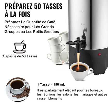 Kommersiell kaffeurna, 50 koppar rostfritt stål stor kaffedispenser, 1000W 220V elektrisk kaffebryggare för snabb bryggning, varmvattenurna med avtagbar nätsladd för enkel rengöring, silver