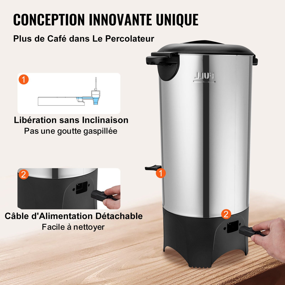 Kommersiell kaffeurna, 50 koppar rostfritt stål stor kaffedispenser, 1000W 220V elektrisk kaffebryggare för snabb bryggning, varmvattenurna med avtagbar nätsladd för enkel rengöring, silver