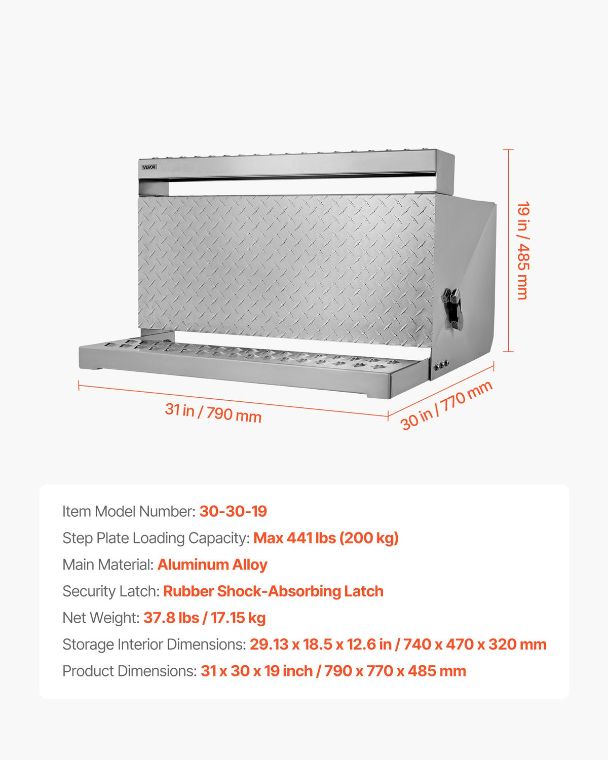 Verktygslåda för lastbilssteg, 790 x 770 x 485 mm Robust verktygslåda i diamantplåt i aluminium, vattentät förvaringslåda för hyttens stege med stötdämpande spärr för flak, kran och lastbilar