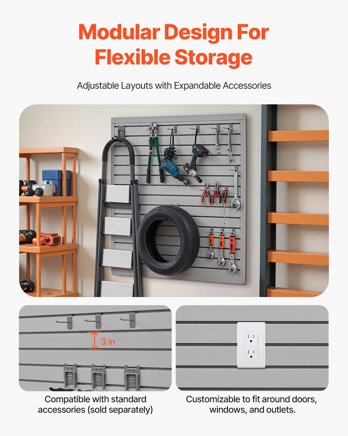 Ribbor i vägg, 12,5 x 12,5 m, PVC-ribbvägg för garage med modulär design, grå ribbor, lättmonterad, justerbar ribborpanel med kopplingsstruktur och gör-det-själv-skärning, passar för förvaring och visning