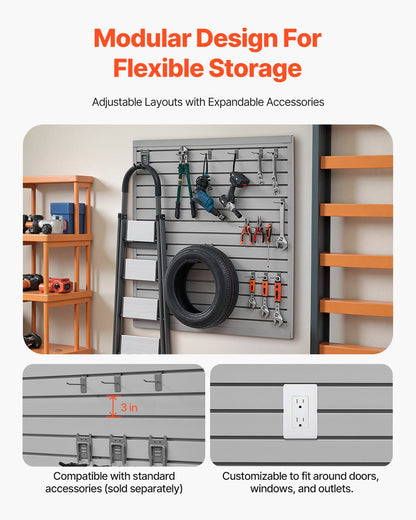 Ribbor i vägg, 12,5 x 12,5 m, PVC-ribbvägg för garage med modulär design, grå ribbor, lättmonterad, justerbar ribborpanel med kopplingsstruktur och gör-det-själv-skärning, passar för förvaring och visning
