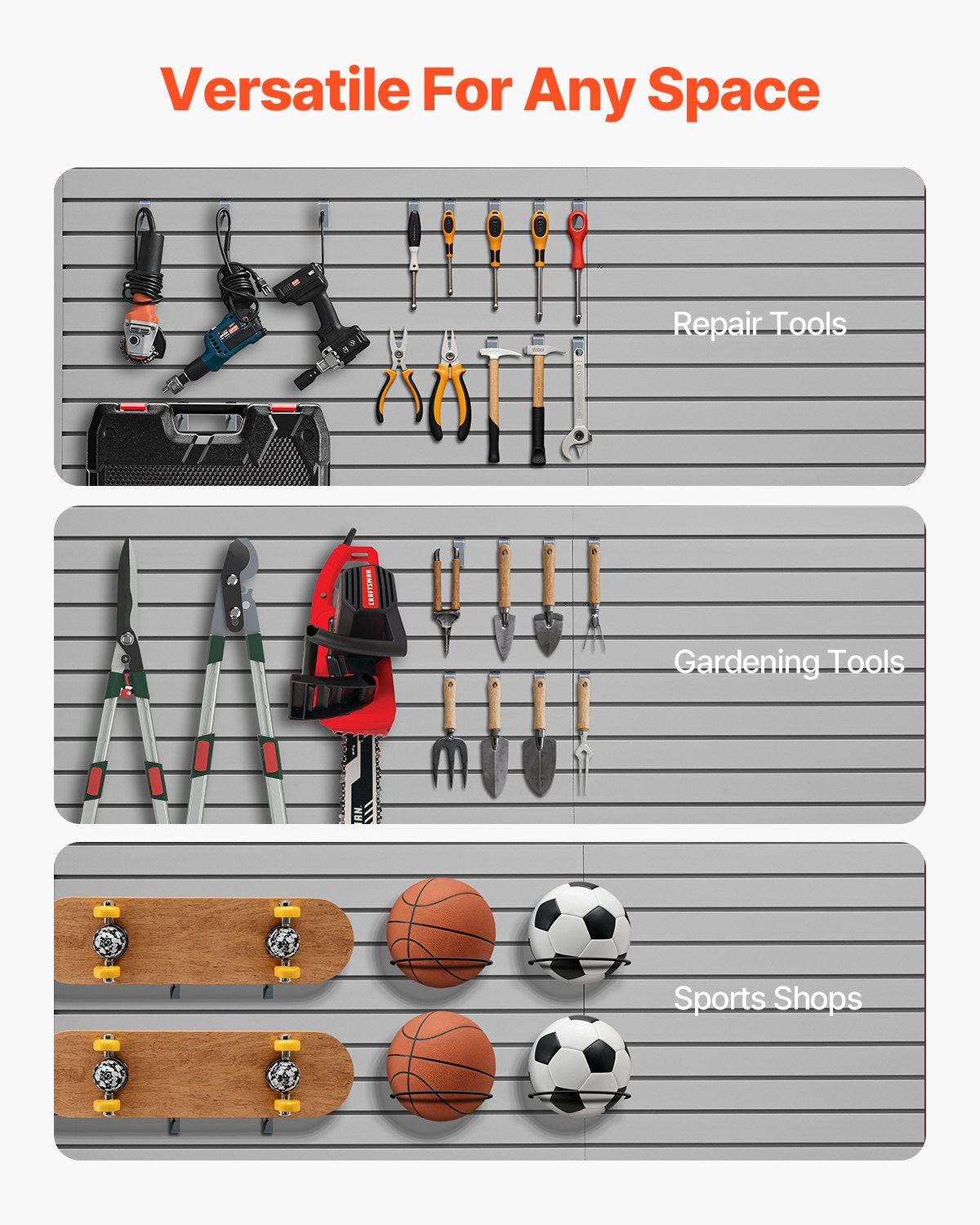 Ribbor i vägg, 2,4 x 1,2 meter, PVC-ribbvägg för garage med tillbehör, grå ribbor, lättmonterad, justerbar ribborpanel med kopplingsstruktur och gör-det-själv-skärning, passar för förvaring och visning
