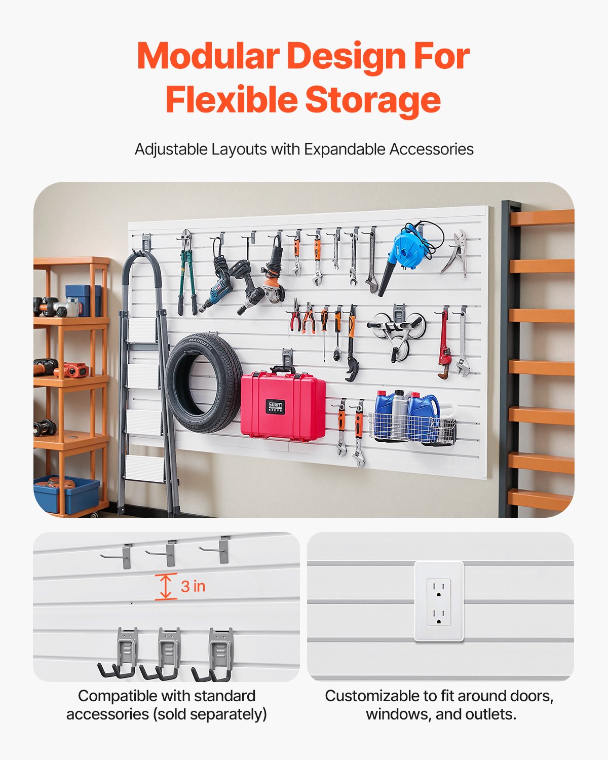 Ribbor i vägg, 2,4 x 1,2 meter, PVC-ribbvägg för garage med tillbehör, vit ribbor, lättmonterad, justerbar ribborpanel med kopplingsstruktur och gör-det-själv-skärning, passar för förvaring och visning