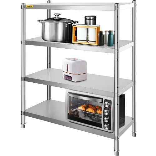 Hyllor i rostfritt stål, 118,9 x 47 cm, justerbar hyllplan med 4 våningar, robusta hyllplan i rostfritt stål för kök, kommersiellt kontor, garage, förvaring, 149,7 kg per hyllplan
