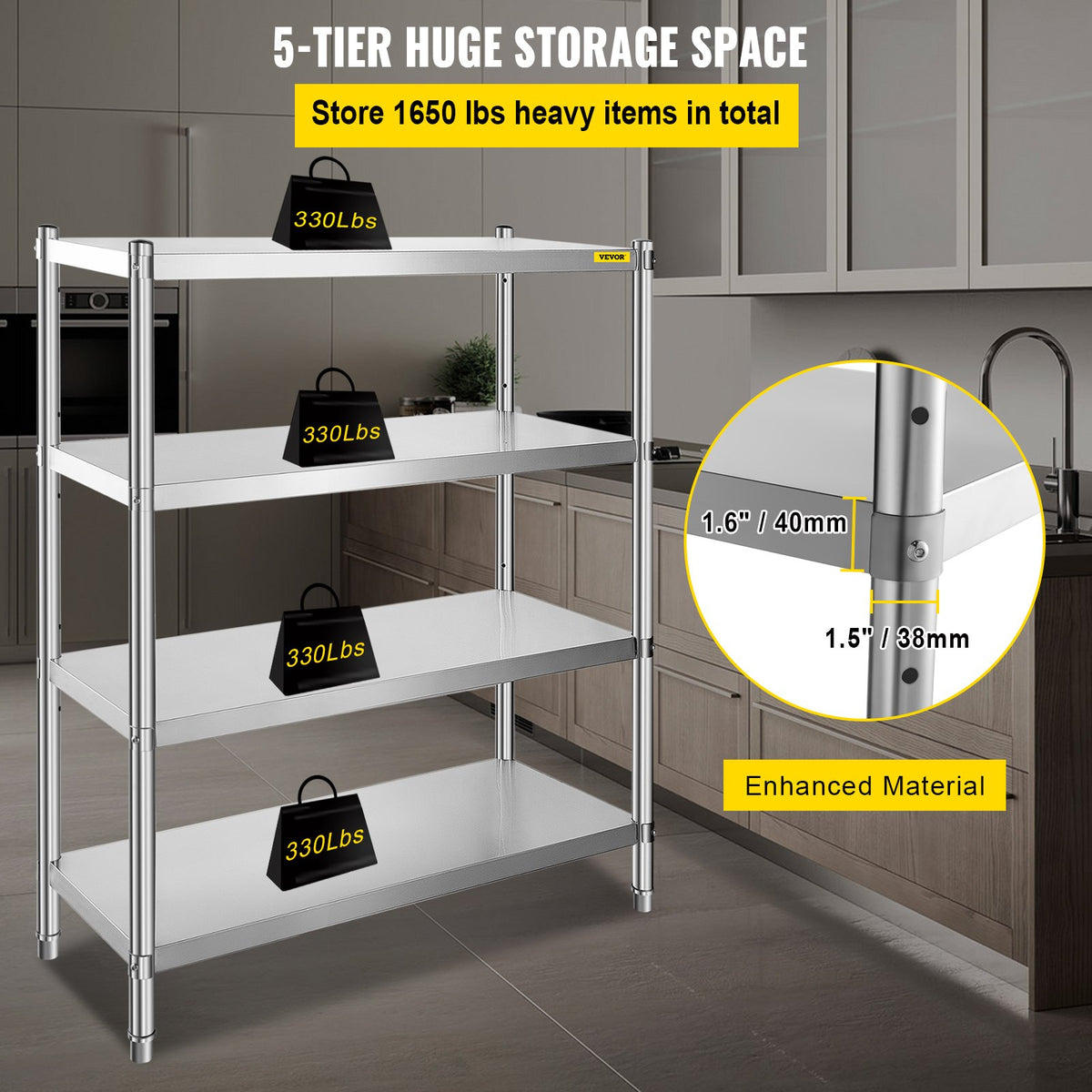Stainless Steel Shelving, 118.9 x 47 cm 4 Tier Adjustable Shelf Storage Unit, Stainless Steel Heavy Duty Shelving for Kitchen Commercial Office Garage Storage 149.7 kg Per Shelf
