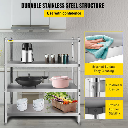 Stainless Steel Shelving, 118.9 x 47 cm 4 Tier Adjustable Shelf Storage Unit, Stainless Steel Heavy Duty Shelving for Kitchen Commercial Office Garage Storage 149.7 kg Per Shelf