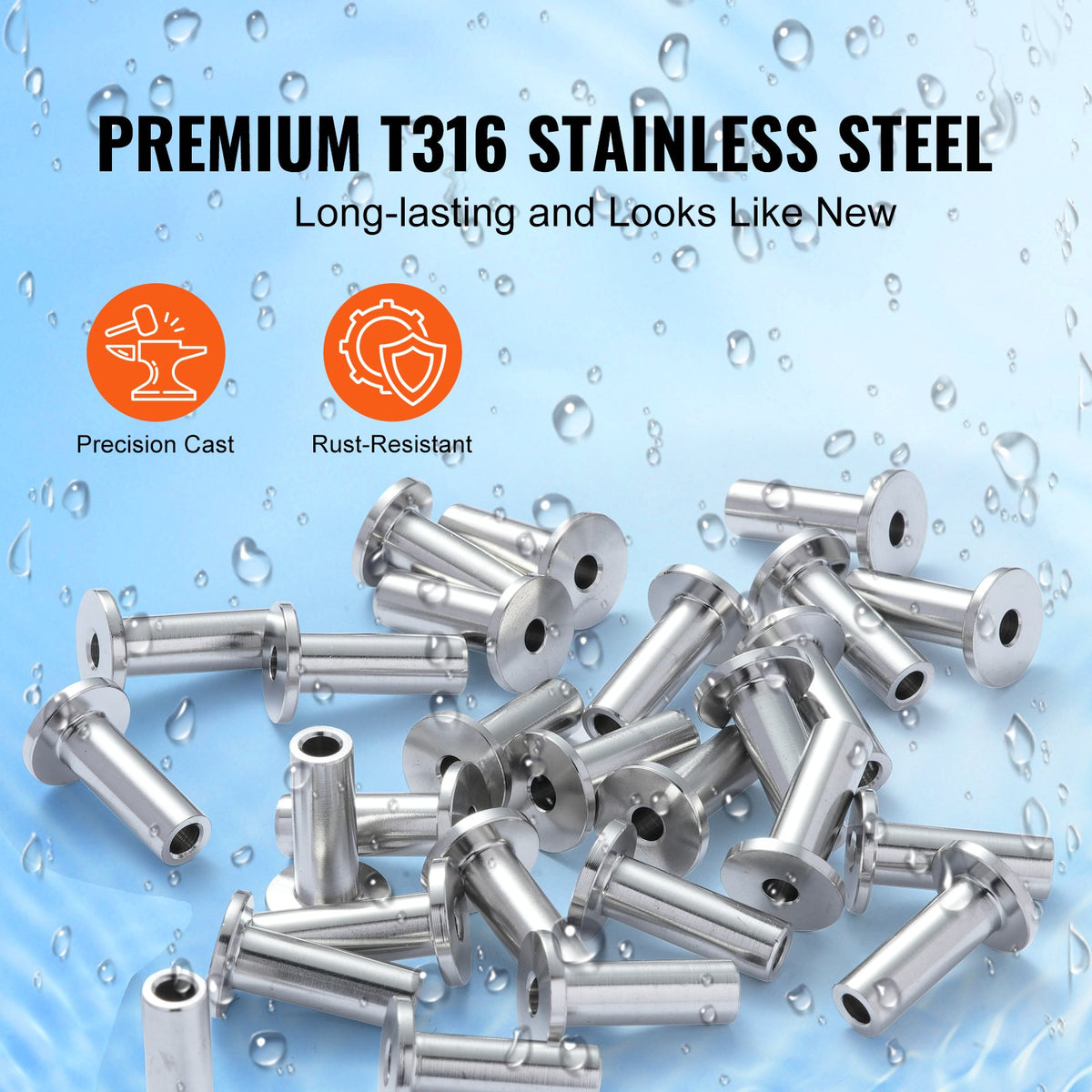 121-pack skyddshylsor i rostfritt stål T316 för 3,2 mm vajerräcke, gör-det-själv-räcke T316 i marin kvalitet, levereras med en gratis borr, silver
