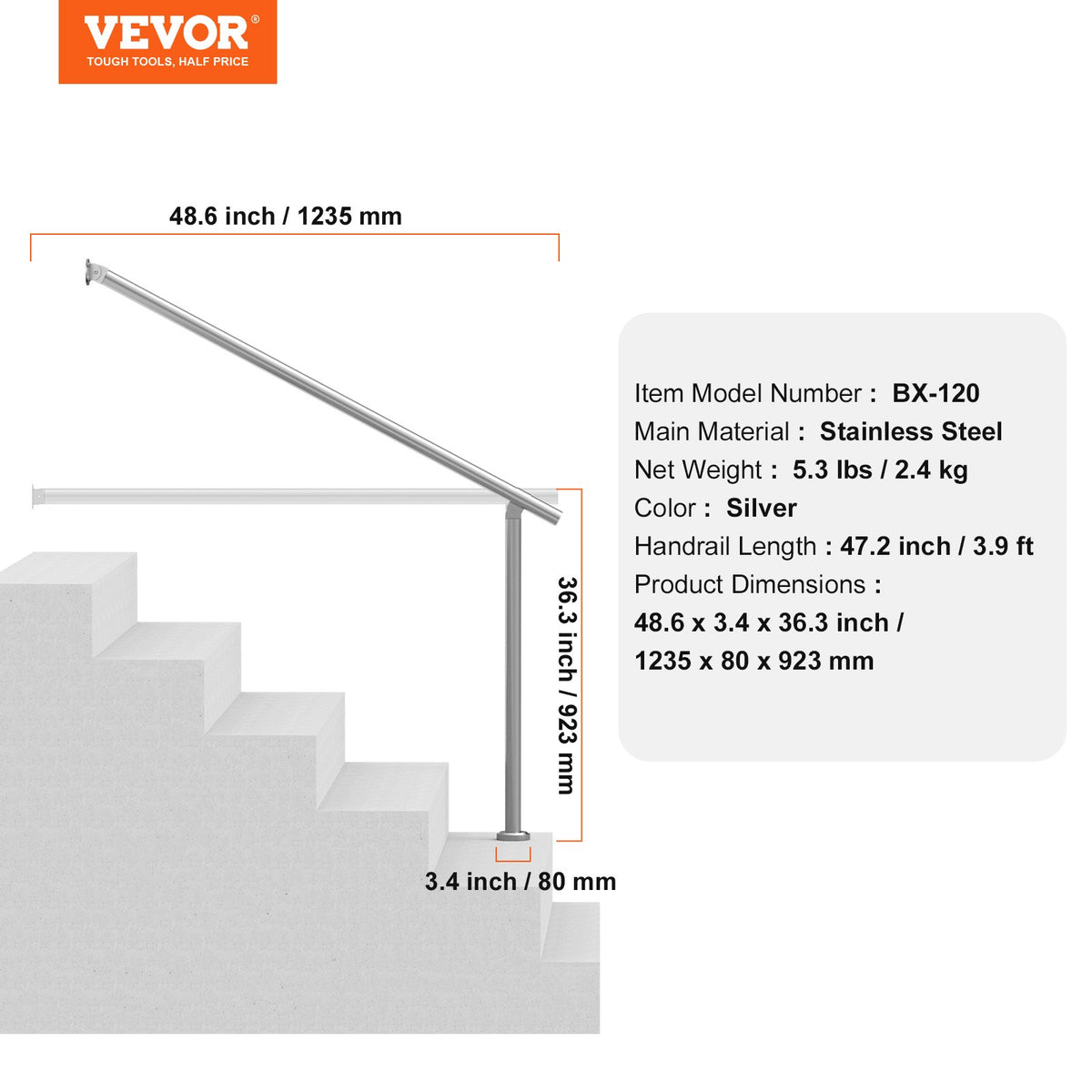 Ledstänger för utomhustrappor, 47,3 tum / 120 cm räckessats för vägggolv, räcken för utomhustrappor med installationssats, ledstänger för seniorer, verandaräcke och räckessats för altan, silver