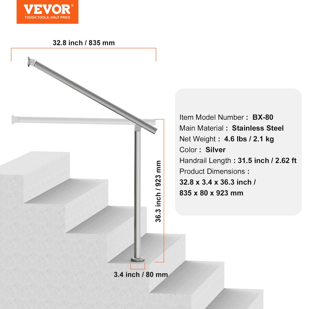 Ledstänger för utomhustrappor, 80 cm däckräckeskit, vägggolvmonterat, räcken för utomhustrappor med installationskit, ledstänger för seniorer, verandaräcke och däckräckeskit, silver