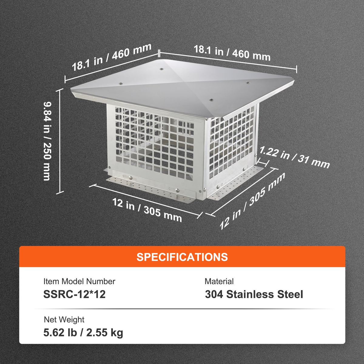Chimney Cap 304.8 x 304.8mm, 304 Stainless Steel Fireplace Chimney Cover, Not Easily Toppled & Practical Accessories & Easy Installation, Fits Mesh Flue Covers Outside Clay Flue Shingles, Silver