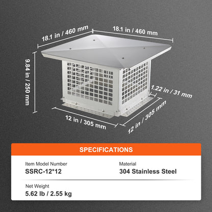 Chimney Cap 304.8 x 304.8mm, 304 Stainless Steel Fireplace Chimney Cover, Not Easily Toppled & Practical Accessories & Easy Installation, Fits Mesh Flue Covers Outside Clay Flue Shingles, Silver