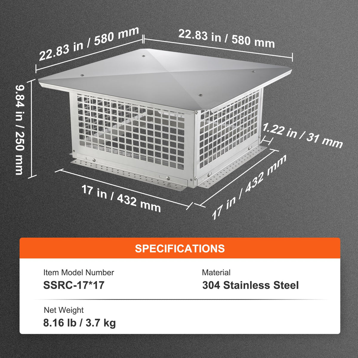 Chimney Cap, 431.8x431.8mm, 304 Stainless Steel Fireplace Chimney Cover, Not Easily Toppled & Practical Accessories & Easy Installation, Fits Mesh Flue Covers Outside Clay Flue Shingles, Silver