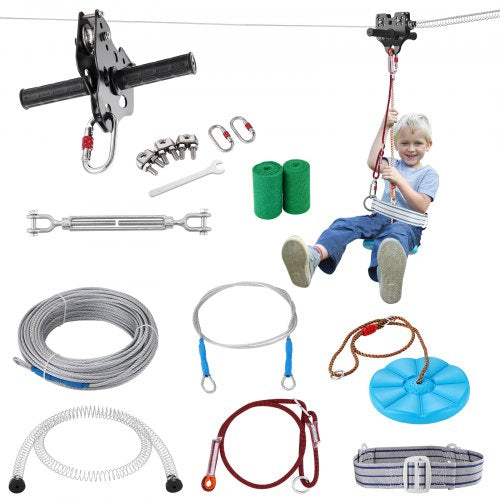 Zipline-kit för barn och vuxna, 24,38 m zipline-kit upp till 227 kg, snabb uppsättning av zipline för bakgård och utomhusbruk, lekplatsunderhållning med zipline i rostfritt stål, fjäderbroms, säkerhetssele, sits