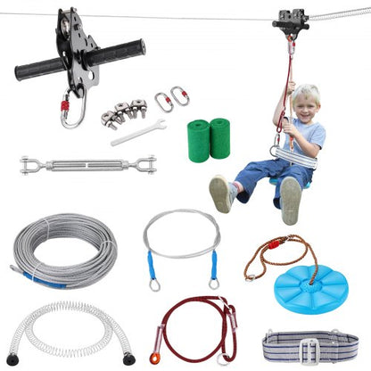Zipline-kit för barn och vuxna, 24,38 m zipline-kit upp till 227 kg, snabb uppsättning av zipline för bakgård och utomhusbruk, lekplatsunderhållning med zipline i rostfritt stål, fjäderbroms, säkerhetssele, sits