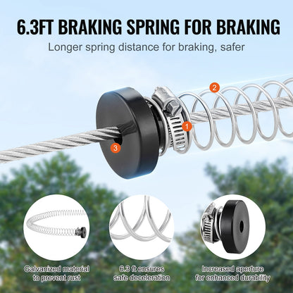 Zipline-kit för barn och vuxna, 24,38 m zipline-kit upp till 227 kg, snabb uppsättning av zipline för bakgård och utomhusbruk, lekplatsunderhållning med zipline i rostfritt stål, fjäderbroms, säkerhetssele, sits