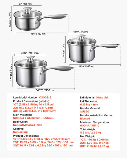 Kastrullset i rostfritt stål, 1 QT &amp; 2 QT &amp; 3 QT kastruller med glaslock, mångsidig nonstick-beläggningsgryta i rostfritt stål med ergonomiskt handtag, lämplig för ugn, diskmaskin, induktionshäll