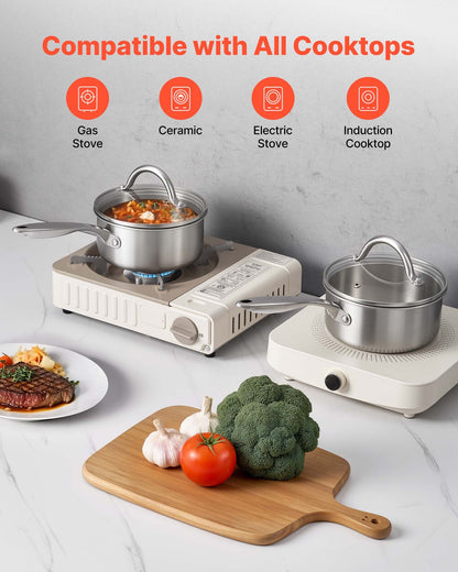 1,5 qt kastrull, rostfri kastrull med glaslock, multifunktionell nonstick-beläggningsbar liten såsgryta i rostfritt stål med ergonomiskt handtag, lämplig för ugn, diskmaskin, induktionshäll