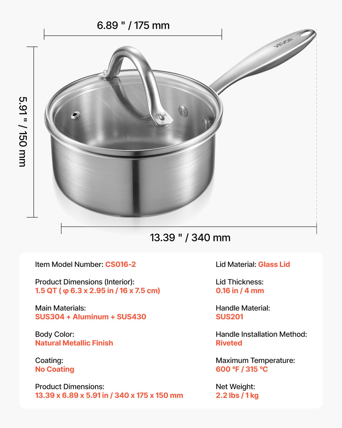 1,5 qt kastrull, rostfri kastrull med glaslock, multifunktionell nonstick-beläggningsbar liten såsgryta i rostfritt stål med ergonomiskt handtag, lämplig för ugn, diskmaskin, induktionshäll