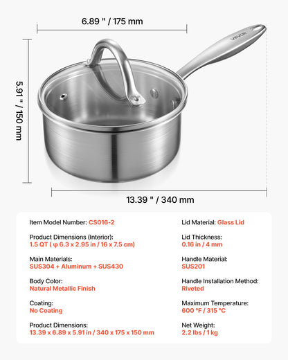 1,5 qt kastrull, rostfri kastrull med glaslock, multifunktionell nonstick-beläggningsbar liten såsgryta i rostfritt stål med ergonomiskt handtag, lämplig för ugn, diskmaskin, induktionshäll