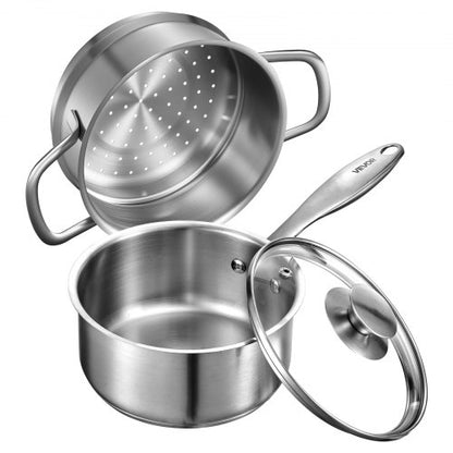 1,5 qt kastrull med ångkokare, kastrull i rostfritt stål med glaslock, multifunktionell nonstick-såsgryta i rostfritt stål med ergonomiskt handtag, lämplig för ugn, diskmaskin, induktionshäll