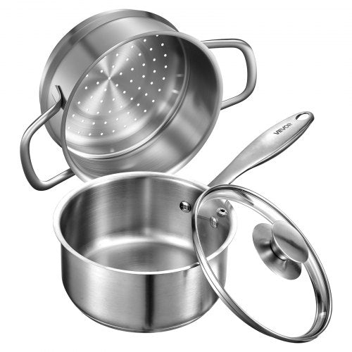 1,5 qt kastrull med ångkokare, kastrull i rostfritt stål med glaslock, multifunktionell nonstick-såsgryta i rostfritt stål med ergonomiskt handtag, lämplig för ugn, diskmaskin, induktionshäll