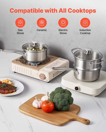 1,5 qt kastrull med ångkokare, kastrull i rostfritt stål med glaslock, multifunktionell nonstick-såsgryta i rostfritt stål med ergonomiskt handtag, lämplig för ugn, diskmaskin, induktionshäll