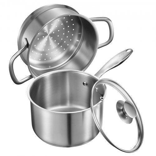 2,5 qt kastrull med ångkokare, kastrull i rostfritt stål med glaslock, multifunktionell nonstick-såsgryta i rostfritt stål med ergonomiskt handtag, lämplig för ugn, diskmaskin, induktionshäll