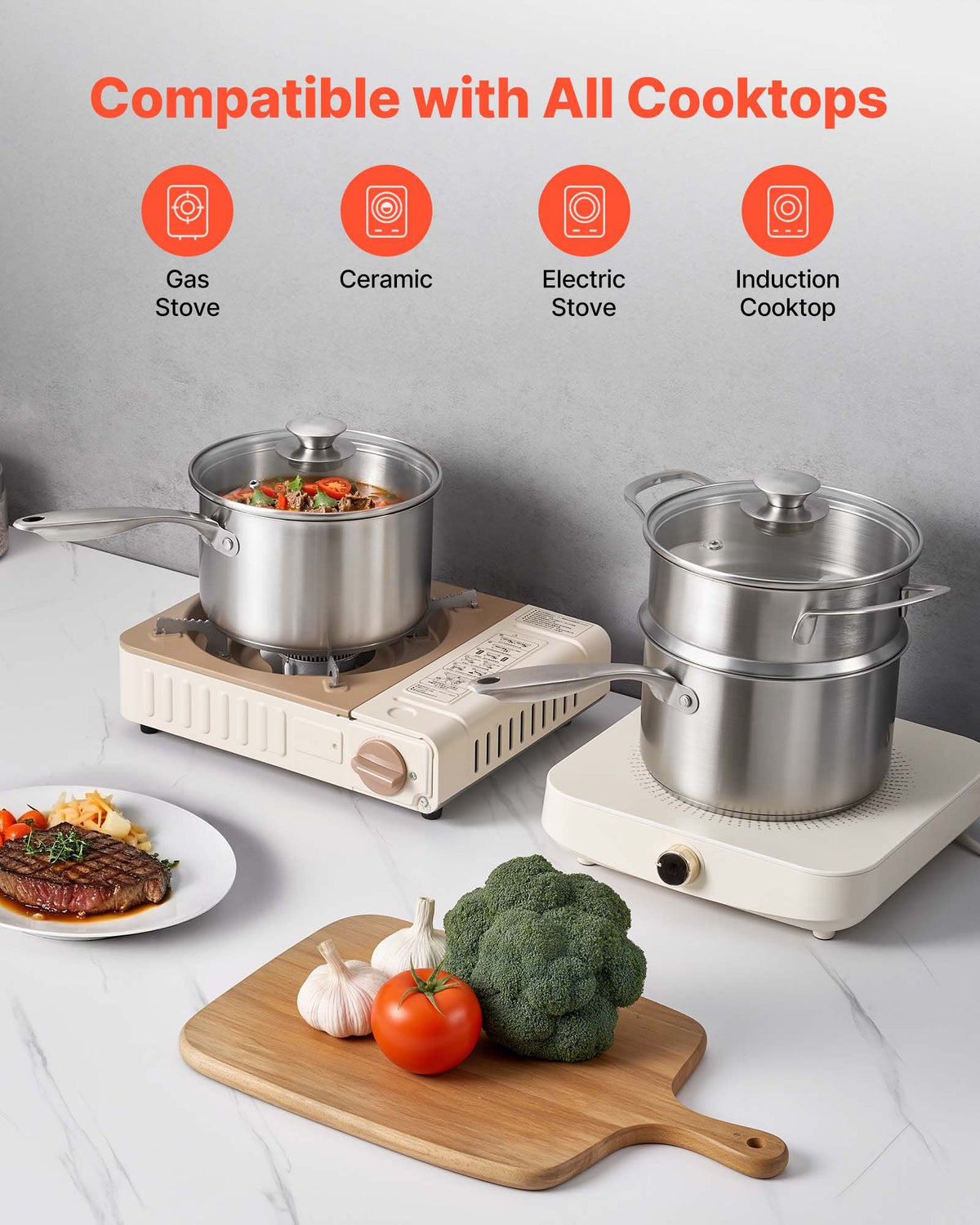 2.5 QT Saucepan with Steamer, Stainless Steel Saucepan with Glass Lid, Multipurpose Nonstick Stainless Steel Sauce Pot with Ergonomic Handle, Friendly for Oven, Dishwasher, Induction Cooker