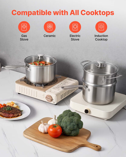 2.5 QT Saucepan with Steamer, Stainless Steel Saucepan with Glass Lid, Multipurpose Nonstick Stainless Steel Sauce Pot with Ergonomic Handle, Friendly for Oven, Dishwasher, Induction Cooker