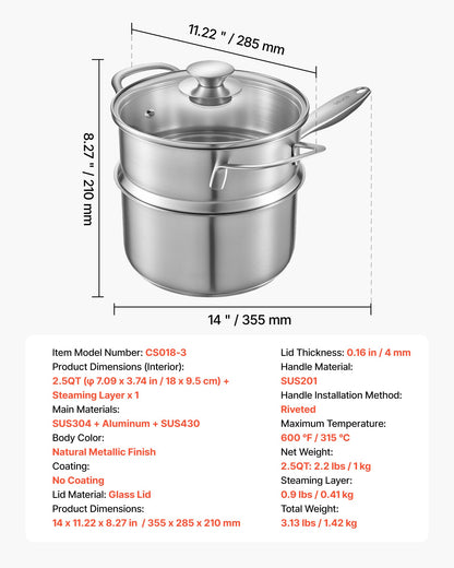 2.5 QT Saucepan with Steamer, Stainless Steel Saucepan with Glass Lid, Multipurpose Nonstick Stainless Steel Sauce Pot with Ergonomic Handle, Friendly for Oven, Dishwasher, Induction Cooker