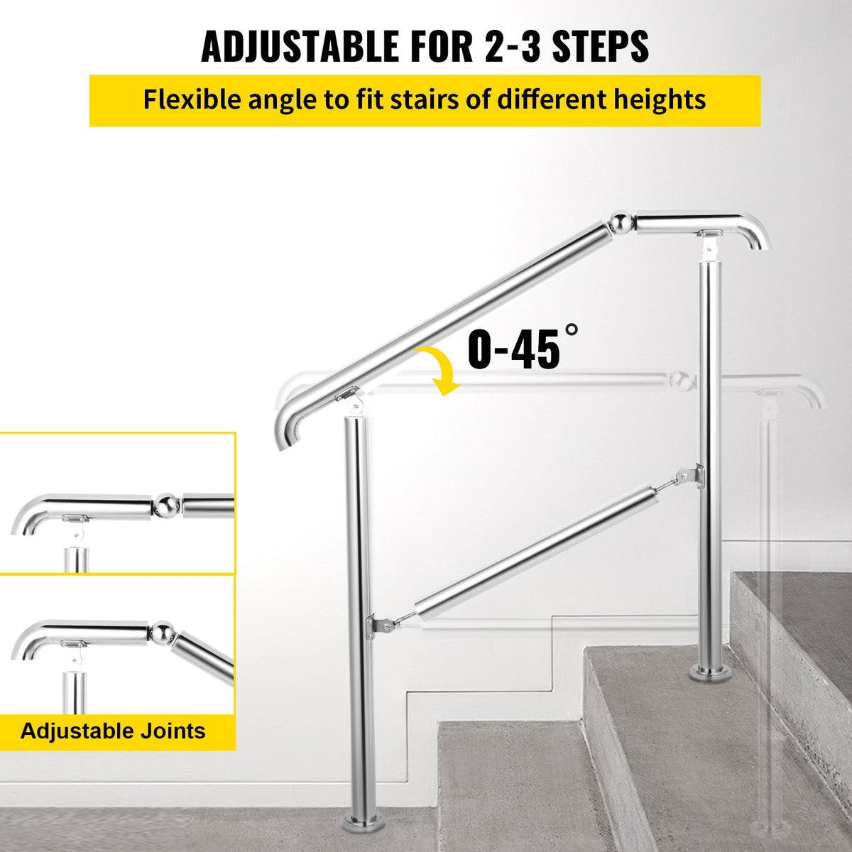 3 Step Railing Stainless Steel Transitional Handrail fit for Level Surface and 1 to 3 Steps Adjustable Stair Railing Indoor Outdoor Step Railings 99.8 kg Capacity W/ Installation Kit Porch DIY
