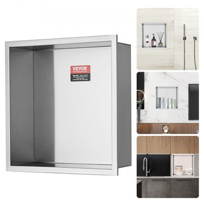 33,02 x 33,02 cm kakelfri duschnisch i 304 rostfritt stål, vägginfälld nisch med dubbla hyllor, förseglad vattentät rostbeständig modern nisch för dusch badrum tvålförvaring, silver