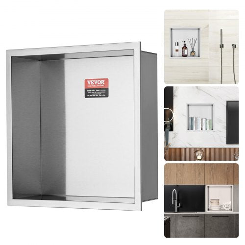 33,02 x 33,02 cm kakelfri duschnisch i 304 rostfritt stål, vägginfälld nisch med dubbla hyllor, förseglad vattentät rostbeständig modern nisch för dusch badrum tvålförvaring, silver