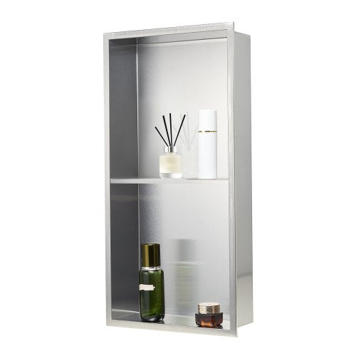 Duschnisch, 33,0 x 63,5 x 10,2 cm Infälld väggnisch Dubbelskiktad, med urholkad avdelare, Robust modern schampoförvaring i rostfritt stål, Vattentät, Silver för badrum