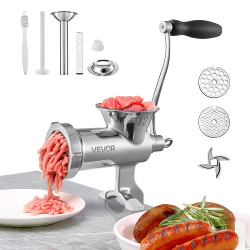 Manuell köttkvarn, handköttkvarn i 304 rostfritt stål med stålbordsklämma, köttkvarn, korvmaskin och 2 skärplattor, kaktillbehör, korvrör för nötkött, paprika och svampkaka