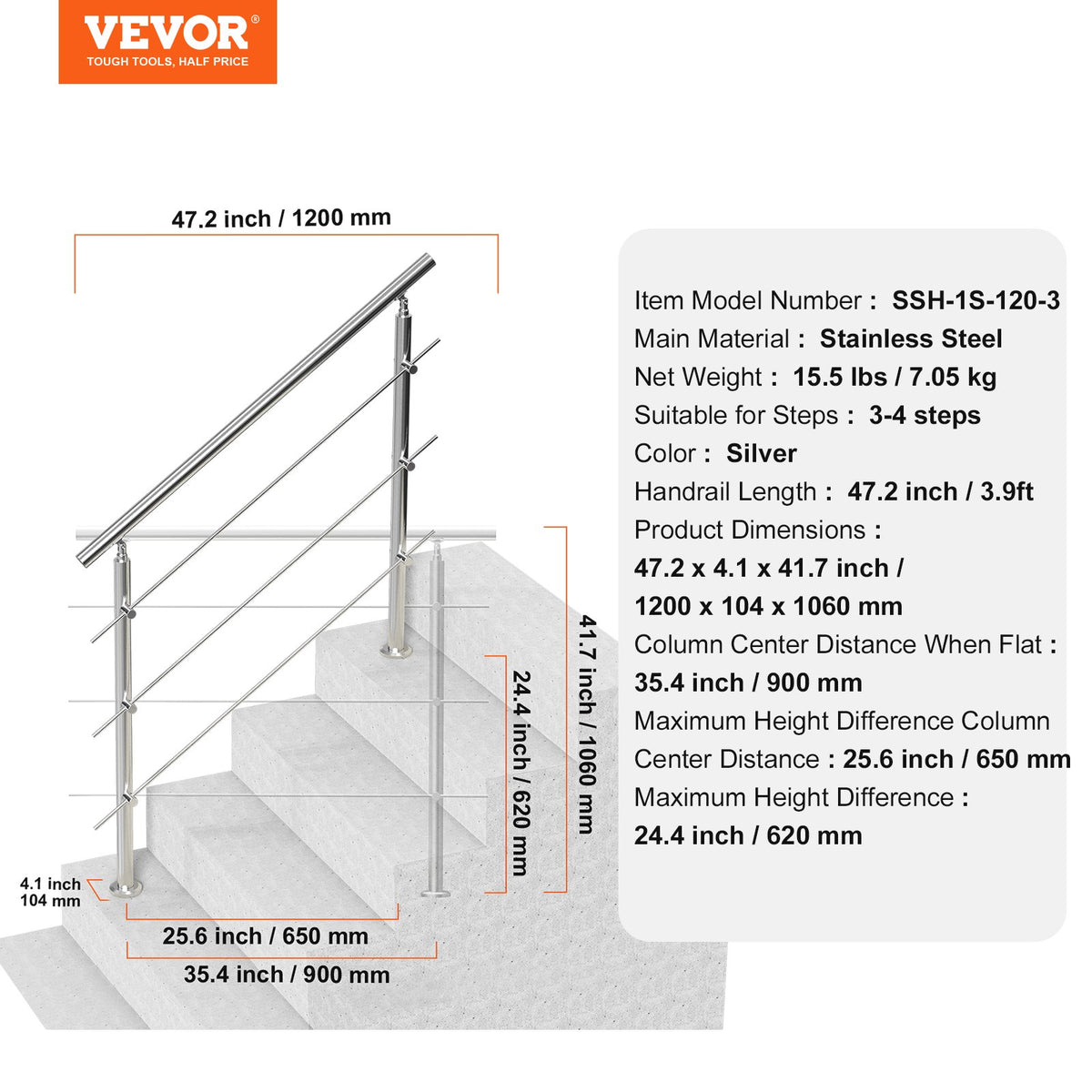 Ledstänger för utomhustrappor, 47,2 tum långa trappräckessats med 3 tvärstänger, övergångsräcken i rostfritt stål med installationssats, trappräcken med dubbla pelare för seniorer, veranda och altan