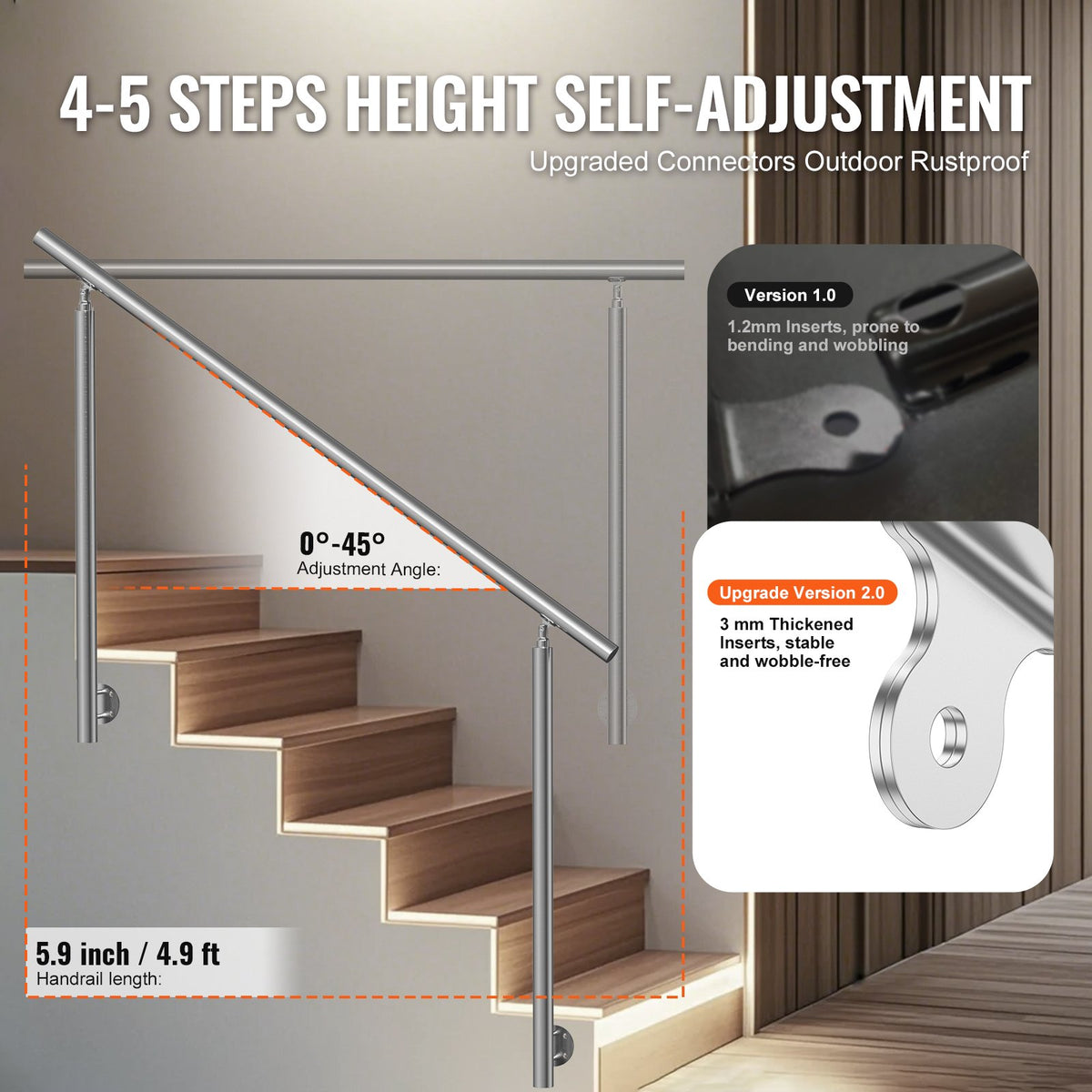 149,9 cm ledstänger för utomhustrappa, veranda, sidomontering