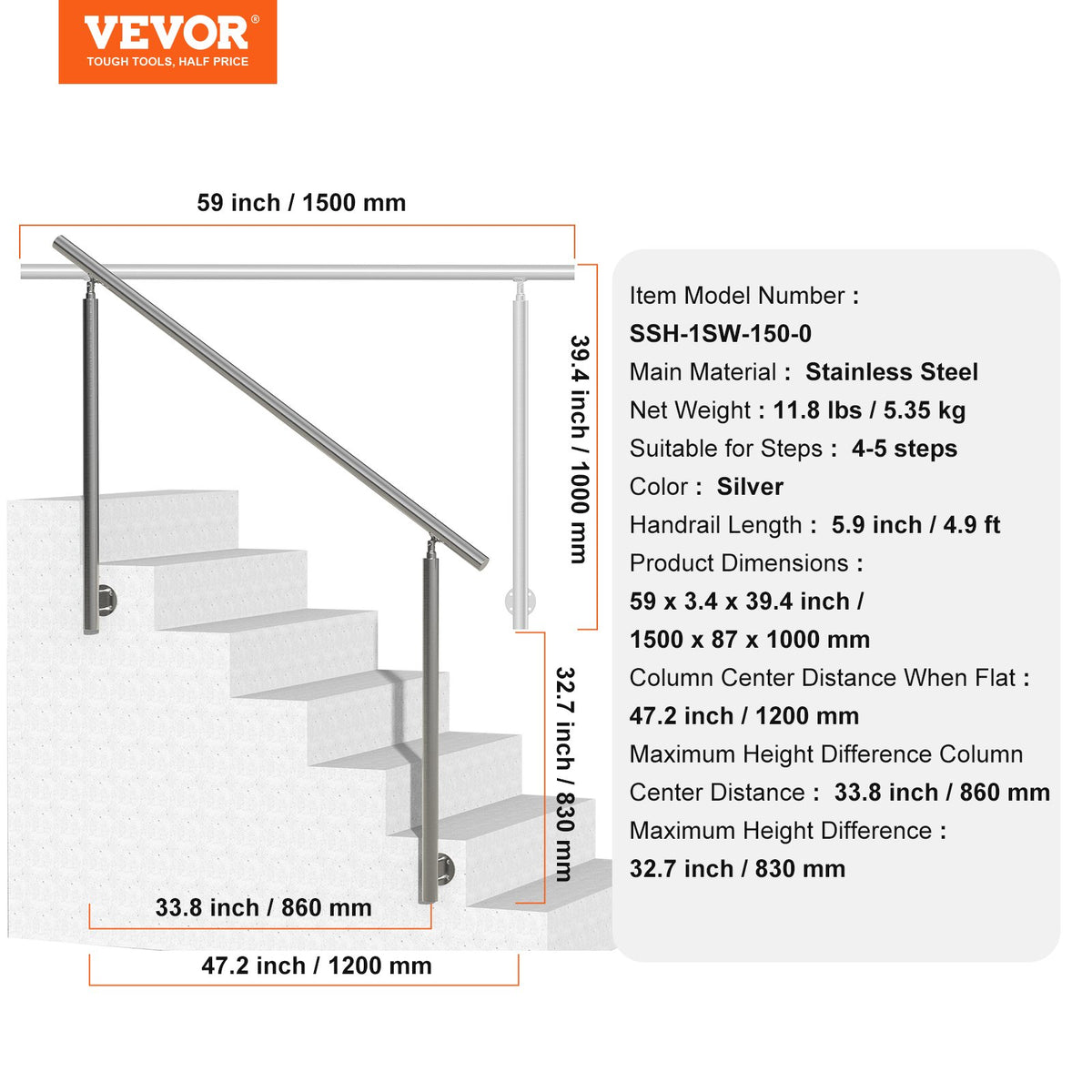 149,9 cm ledstänger för utomhustrappa, veranda, sidomontering