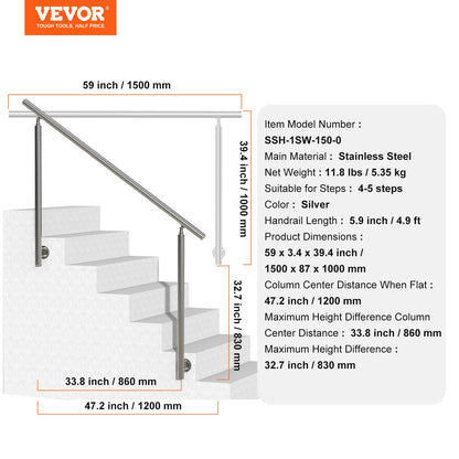 149,9 cm ledstänger för utomhustrappa, veranda, sidomontering