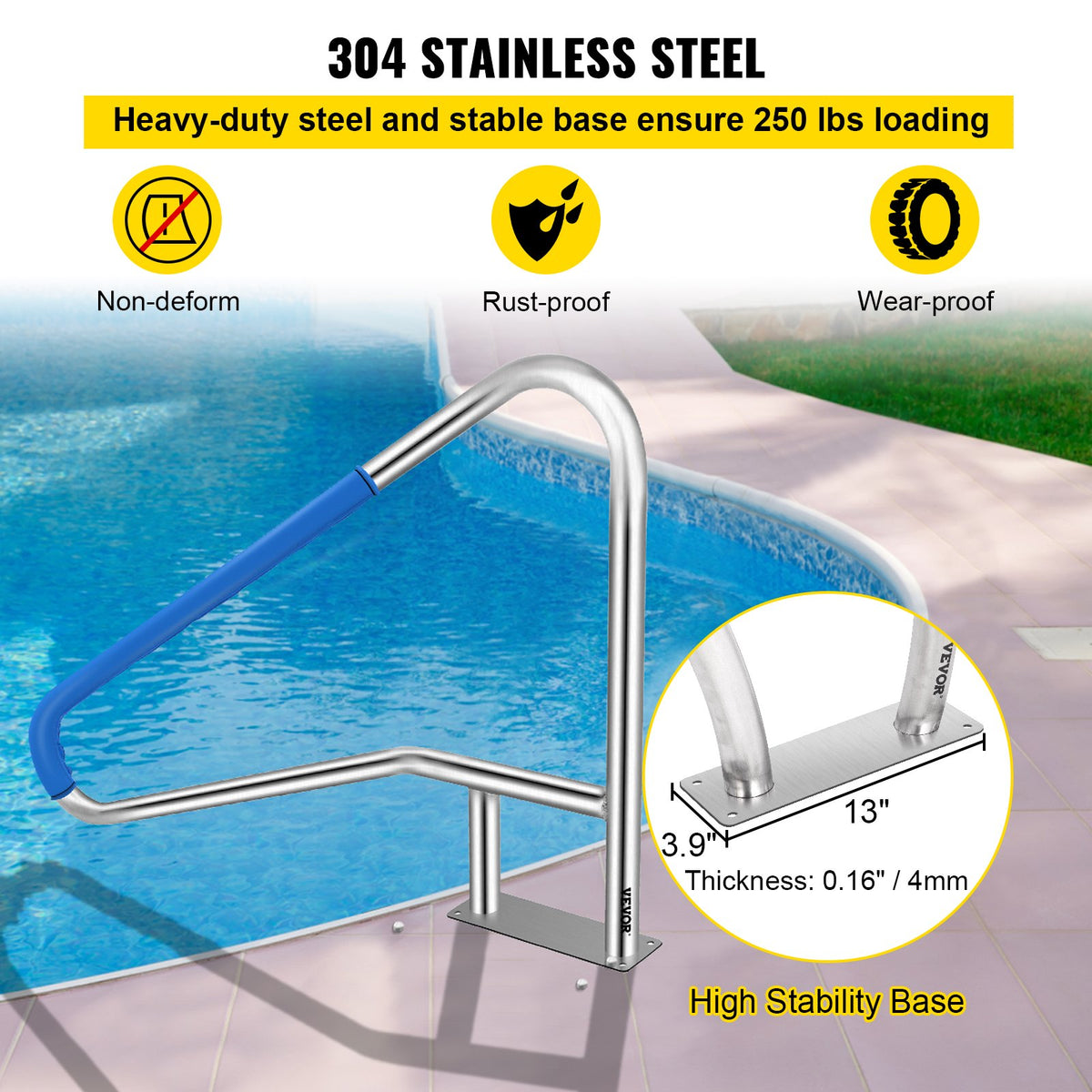 Pool Rail 139.7x81.3 cm Pool Railing 304 Stainless Steel 113.4 kg Load Capacity Silver Rustproof Pool Handrail Humanized Swimming Pool Handrail with Blue Grip Cover & M8 Drill Bit & Self-taping Screws