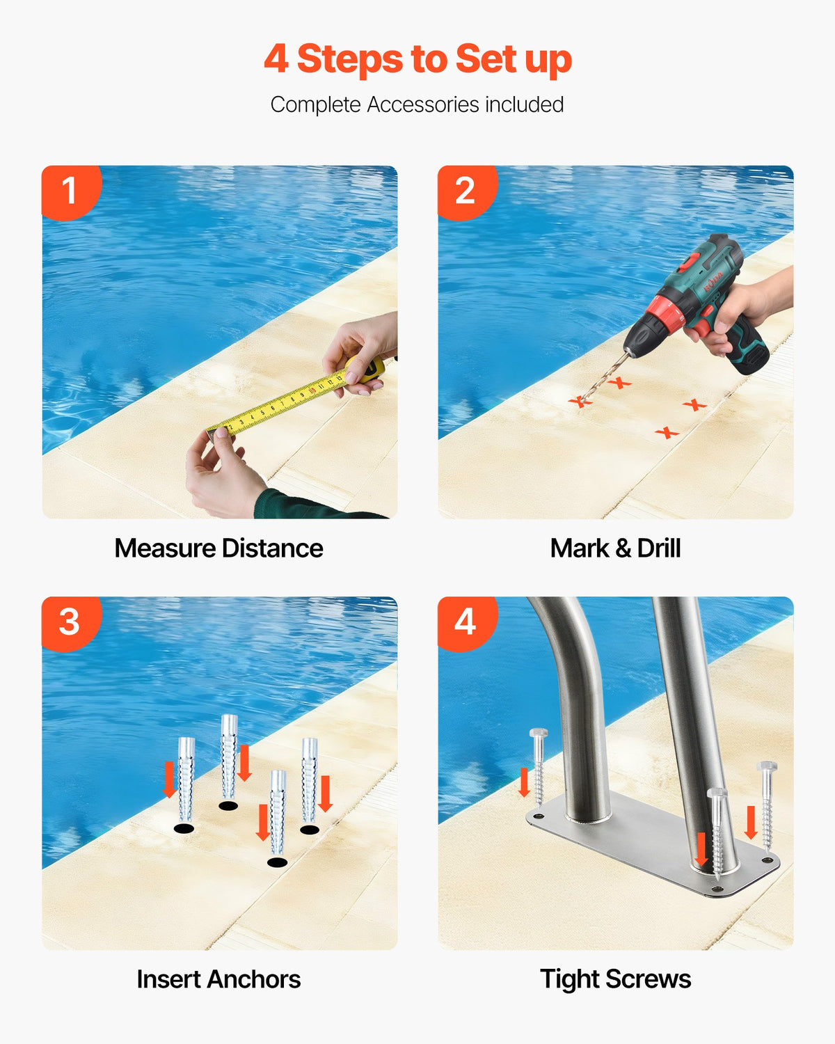 Pool Rail, 78.8 x 55.8 cm Pool Handrail, 100kg Load Capacity Heavy Duty 304 Stainless Steel Swimming Handrail, Detachable Nonslip Sleeve, Rich Accessories, for Poolside, Water Parks， Spa Centers