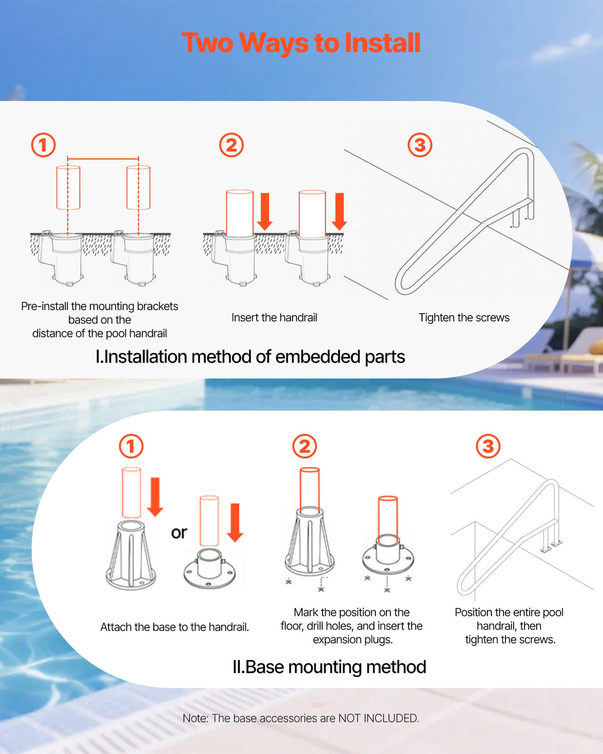 Pool Rail, 137.1 x 81.3 cm Pool Handrail, 100kg Load Capacity Heavy Duty 304 Stainless Steel Swimming Handrail, Detachable Nonslip Sleeve, Recessed or Base Mount, for Poolside, Water Parks