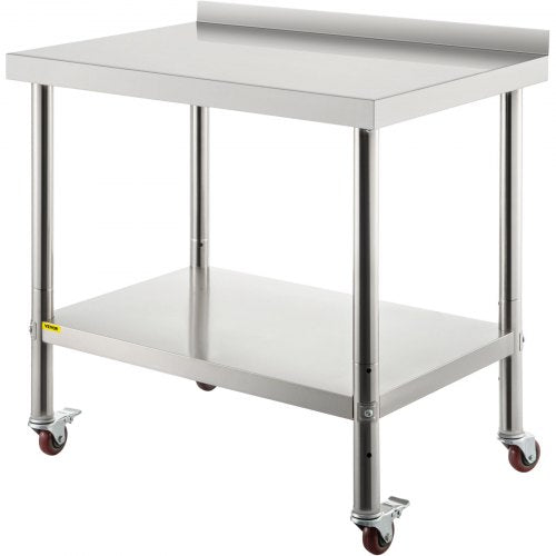 Förberedelsebord i rostfritt stål, 30 x 24 x 35 tum, 180 kg lastkapacitet, kraftigt arbetsbord i metall med bakstänkskydd, justerbart underhylla och 4 hjul, kommersiell arbetsstation för kök, restaurang