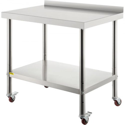 Förberedelsebord i rostfritt stål, 30 x 24 x 35 tum, 180 kg lastkapacitet, kraftigt arbetsbord i metall med bakstänkskydd, justerbart underhylla och 4 hjul, kommersiell arbetsstation för kök, restaurang